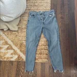 Agolde Blue Cropped Ankle Pants with Distressed Hem